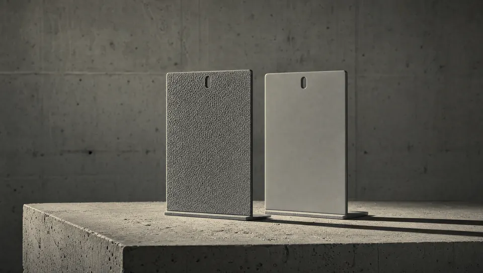 Two powder coated steel samples on concrete, one textured and one smooth